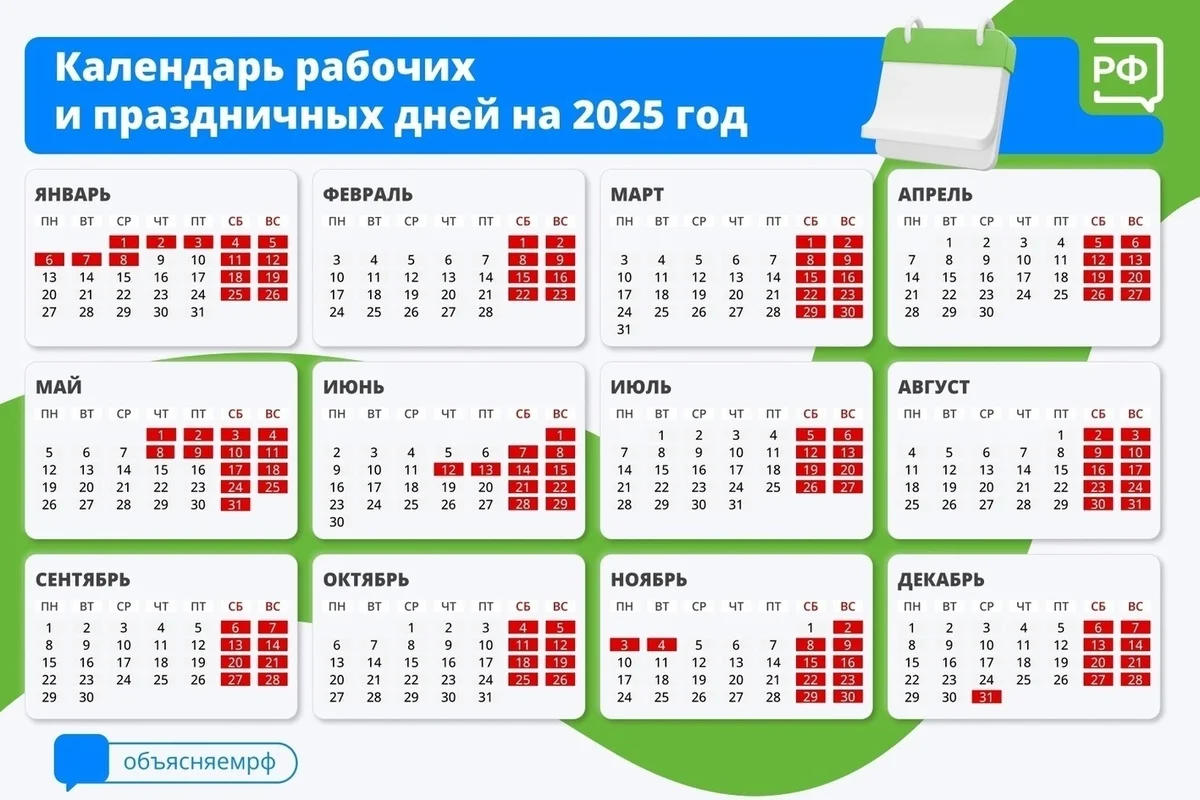 Нажмите, чтобы увеличить/скачать календарь Выходные и праздничные дни в 2025 году